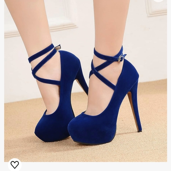 Blue Faux Suede Round Toe Platform Heels with Ankle Straps EUC - Picture 2 of 4